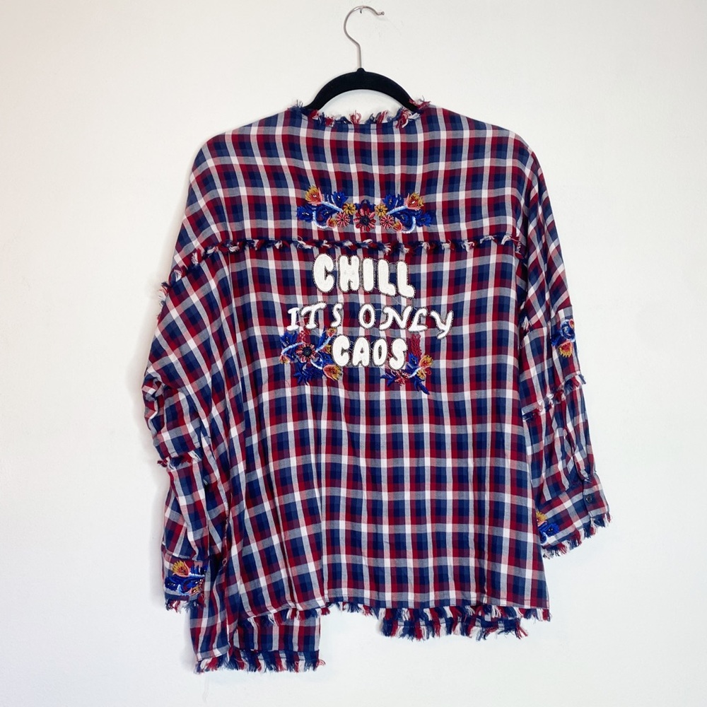 Zara Woman Embroidered Plaid Button Up Chill It's Only Caos Shirt Size Large
